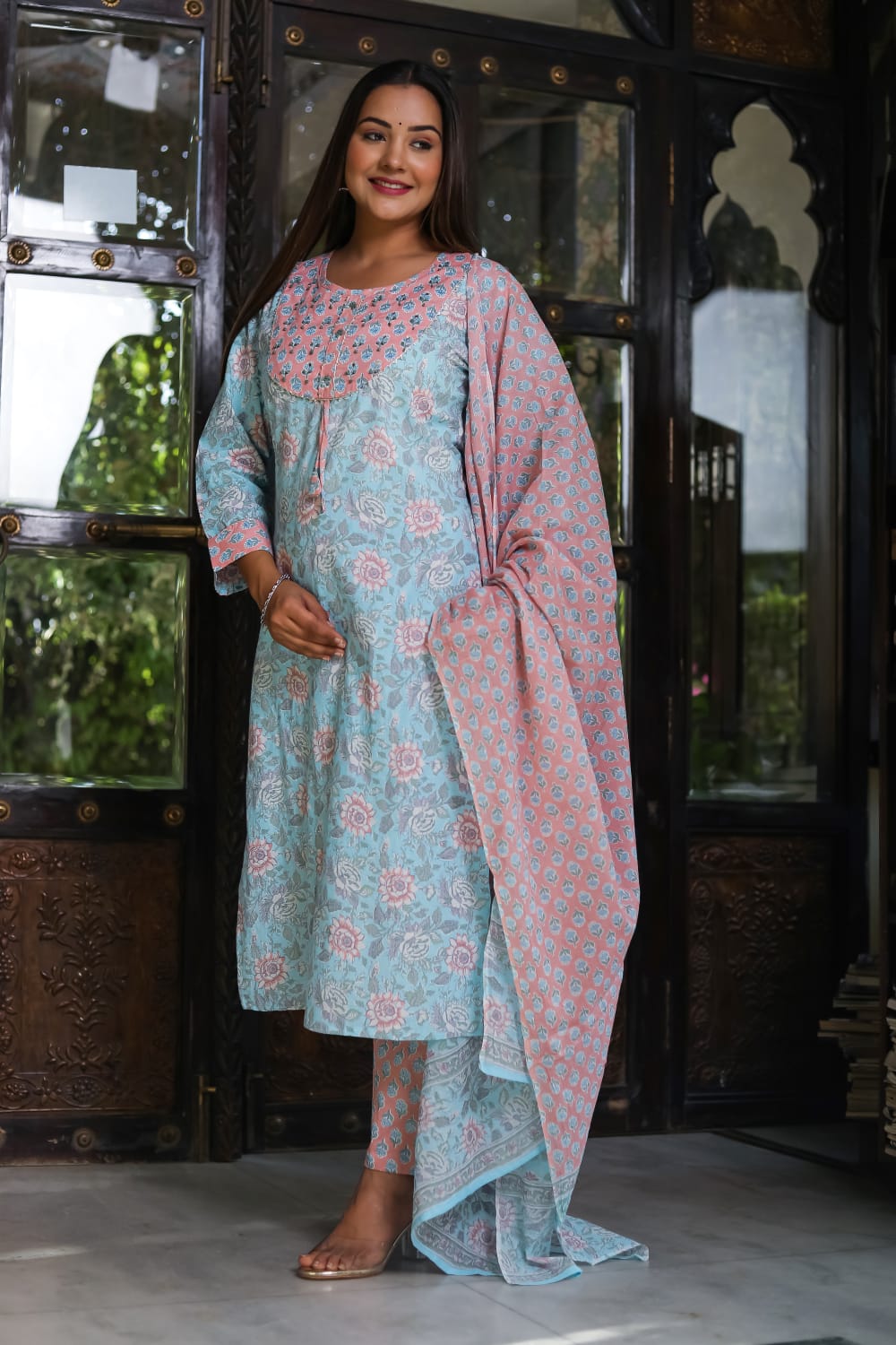 Floral Breathable Soft Sky Relaxing Fit Cotton Suit (3 piece)