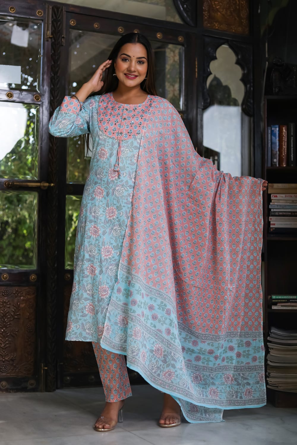 Floral Breathable Soft Sky Relaxing Fit Cotton Suit (3 piece)